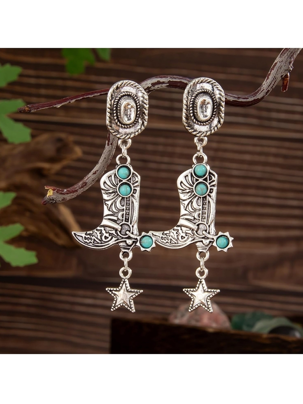 Turquoise Western Cowboy Boot Dangle Earrings - Women Jewelry - Picture 4 of 6